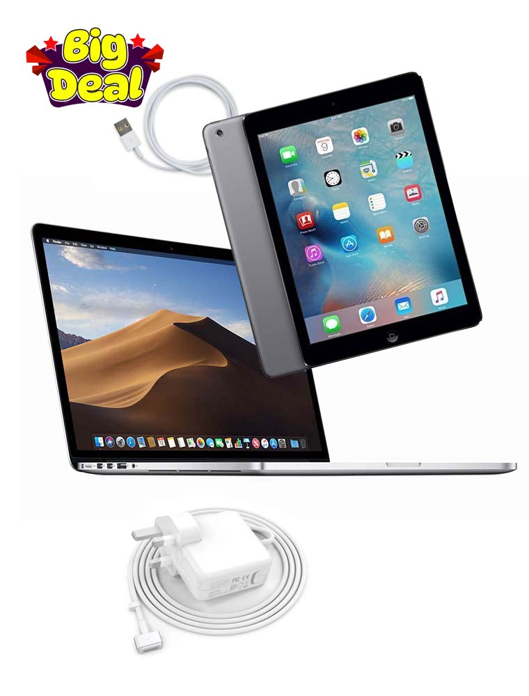 Apple MacBook Pro Laptop A1398(15-Inch, 2015) Intel core i7, 16GB RAM, 512GB SSD , 1.5GB VRAM-HD Camera ,ENG KB Silver + ipad air 2 32gb Renewed